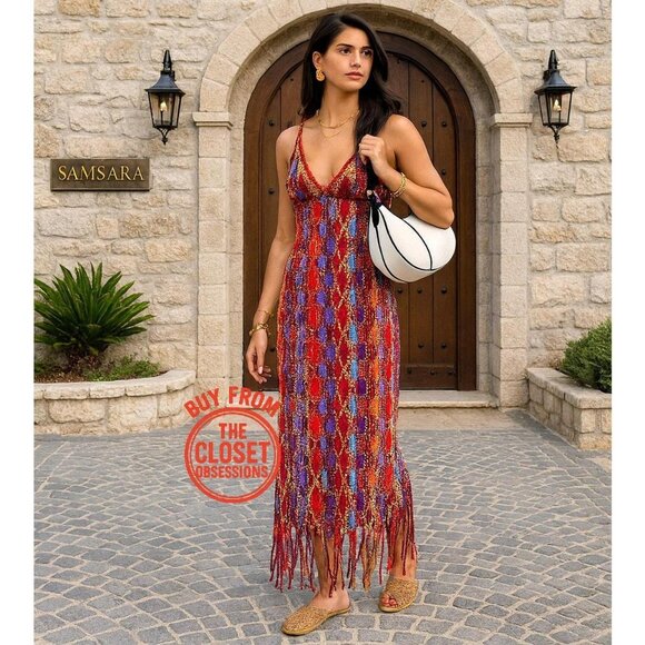 ZARA V-Neck Fringe Hem Multicolor Midi Dress NWT | Size M/L - Picture 3 of 16